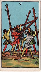 the five of wands, by pamela coleman-smith, from the rider-waite tarot deck. it shows some young men waving around large sticks in some kind of spirited activity. the specific activity matters less to me than the spirit of wands energy in action.